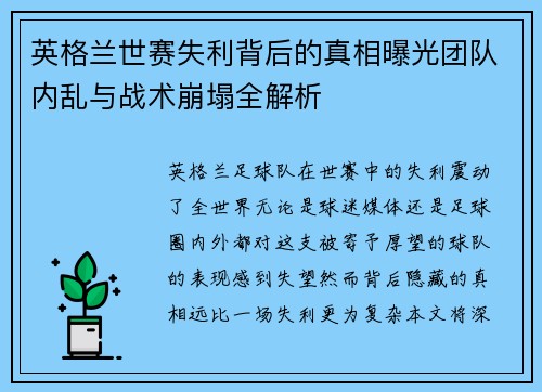 英格兰世赛失利背后的真相曝光团队内乱与战术崩塌全解析